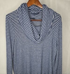 Lucky Brand Top Blue White Striped Ribbed Cowl Neck Hi-low Hem Relaxed M